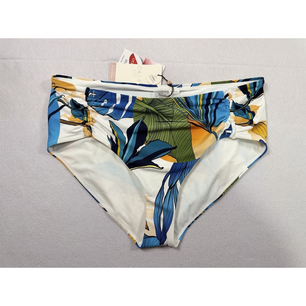 Calia Swim XL Collection Tropical Leaf Mid-Rise Bikini Bottom White Blue NEW